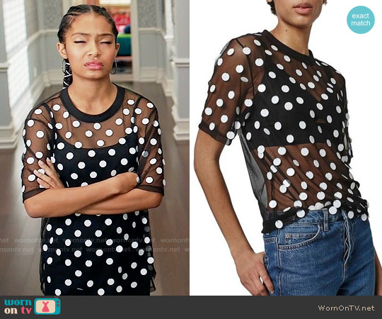 Topshop Disc Embellished Sheer Mesh Tee worn by Zoey Johnson (Yara Shahidi) on Black-ish