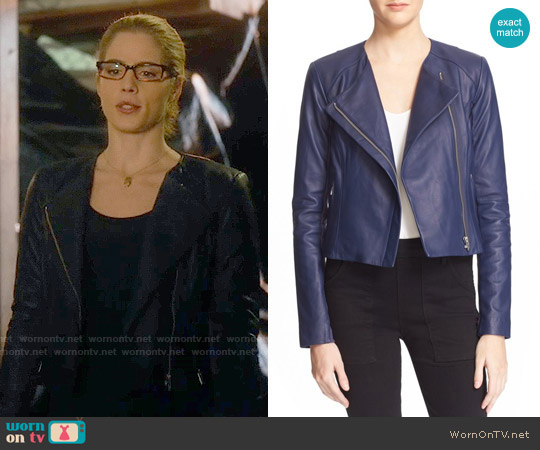 Veda Dali Leather Jacket in Lapis worn by Felicity Smoak (Emily Bett Rickards) on Arrow