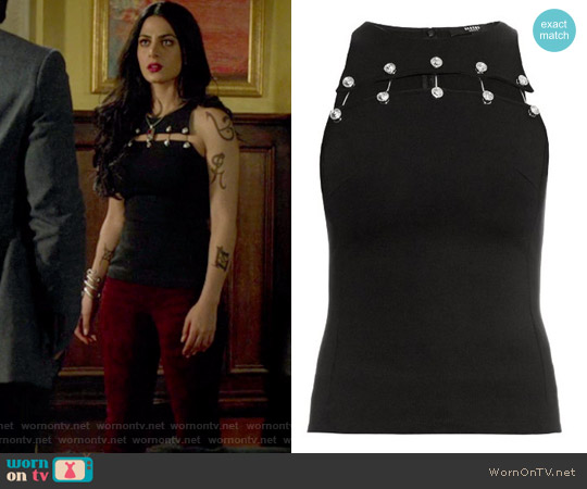 Versus Versace Safety-pin cut-out sleeveless top worn by Isabelle Lightwood (Emeraude Toubia ) on Shadowhunters