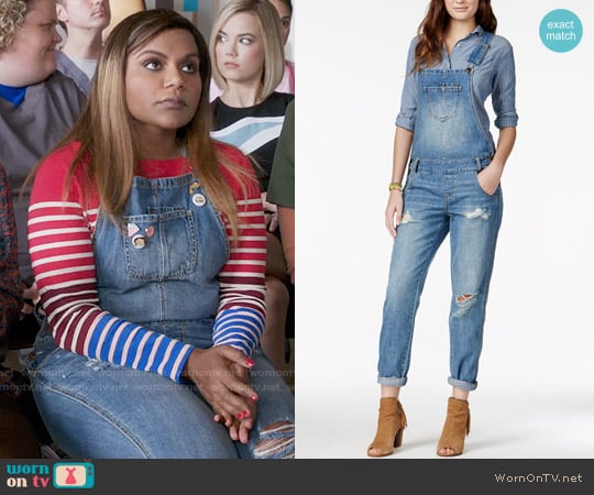 American Rag Ripped Denim Marlowe Wash Overalls worn by Mindy Lahiri (Mindy Kaling) on The Mindy Project