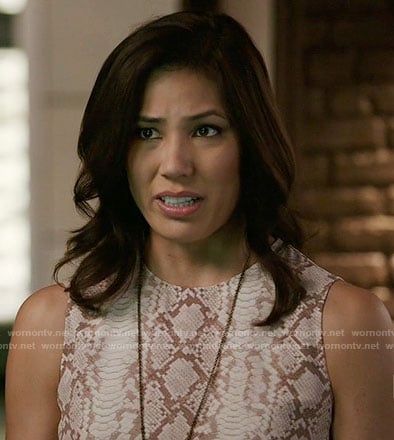 Angela’s pink snake print top on Bones