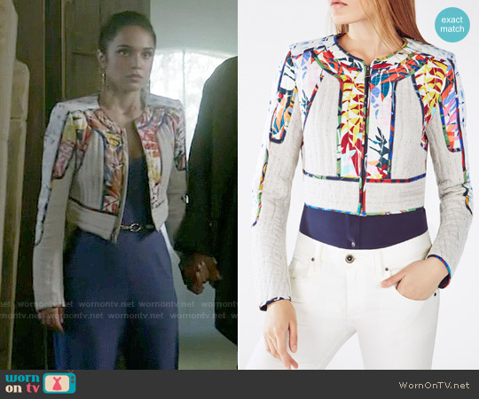 Bcbgmaxazria Motley Tropical Print-Blocked Tweed Jacket worn by Margo Hanson (Summer Bishil) on The Magicians