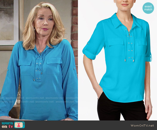 Calvin Klein Lace-Up Roll-Tab Blouse in Adriatic Blue worn by Nikki Reed Newman (Melody Thomas-Scott) on The Young and the Restless