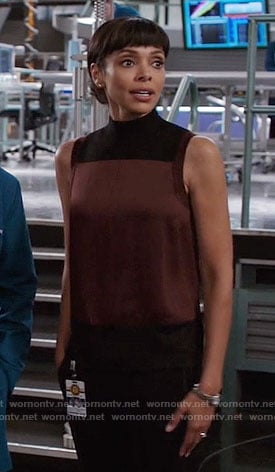 Camille’s burgundy and black sleeveless top on Bones