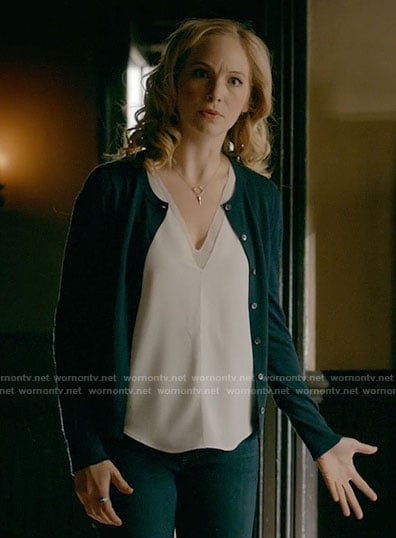 Caroline’s white v-neck layered top on The Vampire Diaries