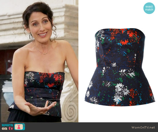Cedric Charlier Floral Print Strapless Bustier worn by Abby McCarthy (Lisa Edelstein) on Girlfriends Guide to Divorce