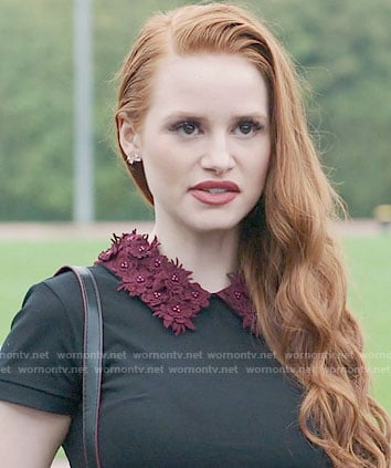 Cheryl’s black short sleeve dress with red floral collar on Riverdale