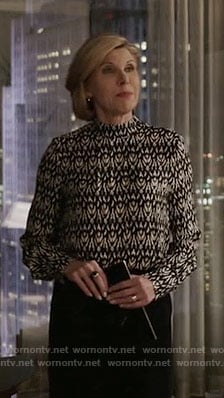 Diane’s black and white ikat print blouse on The Good Fight