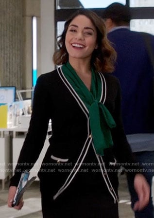 Emily’s green bow neck blouse and striped trim cardigan on Powerless