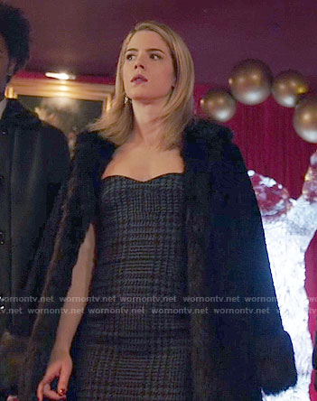Felicity’s houndstooth dress and fur coat on Arrow