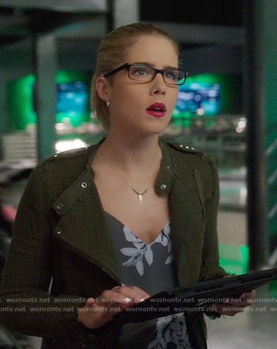 Felicity’s grey floral top and green textured jacket on Arrow