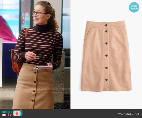 J.Crew Button-front Skirt in Double Serge Wool in hthr acorn worn by Kara Danvers (Melissa Benoist) on Supergirl