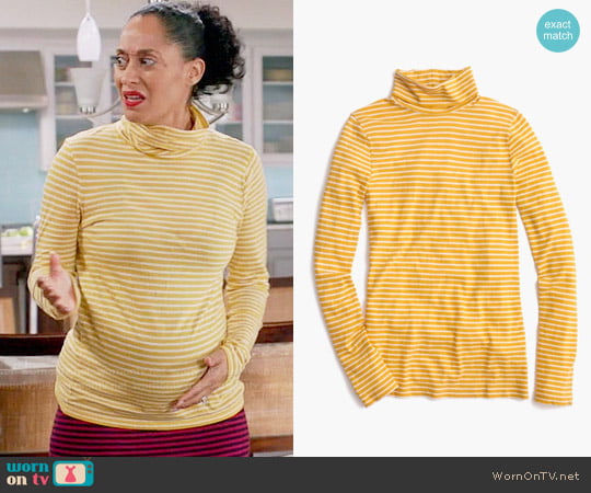 J.Crew Turtleneck T-shirt in Light Mustard Ivory Stripe worn by Rainbow Johnson (Tracee Ellis Ross) on Black-ish