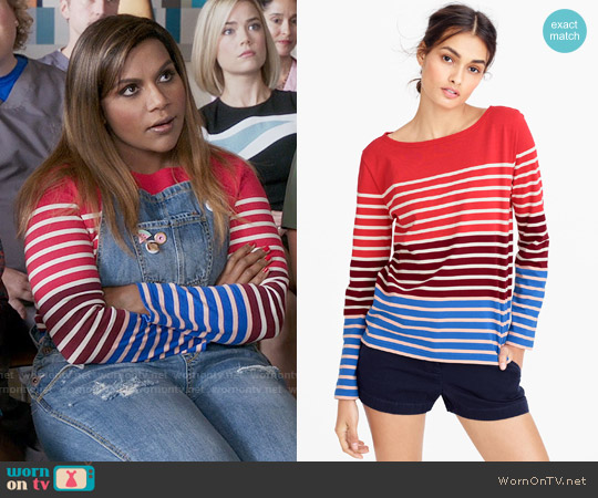 J.Crew Multistripe T-shirt in cerise burgundy atlantic worn by Mindy Lahiri (Mindy Kaling) on The Mindy Project