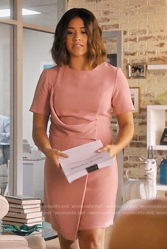 Jane’s pink short sleeve draped front dress on Jane the Virgin