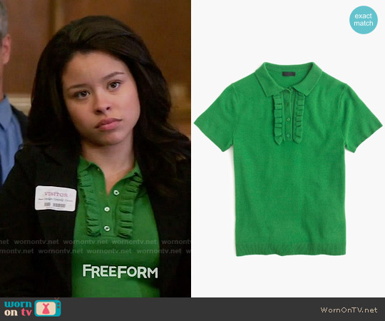 J.Crew Italian cashmere ruffle polo sweater in bright meadow worn by Mariana Foster (Cierra Ramirez) on The Fosters