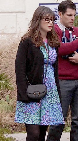 Jess’s blue and green floral dress with pink collar on New Girl