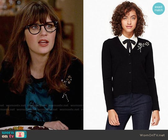 Kate Spade Embellished Brooch Cardigan worn by Jessica Day (Zooey Deschanel) on New Girl