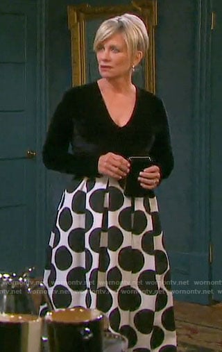 Kayla’s polka dot maxi skirt and velvet top on Days of our Lives