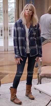Mickey’s navy plaid shirt and tan boots on The Mick