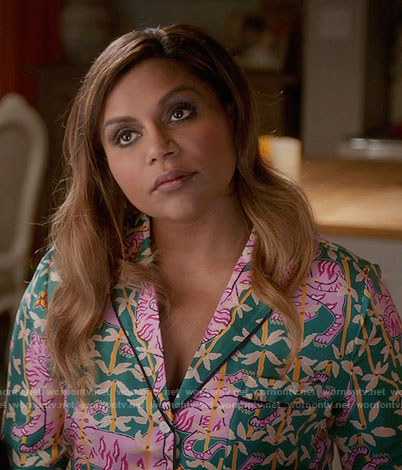 Mindy’s green and pink tiger print pajamas on The Mindy Project