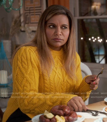 Mindy’s yellow cable knit sweater on The Mindy Project