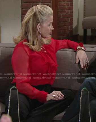 Nikki’s red ruffled lace-up blouse on The Young and the Restless