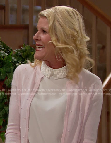 Pam’s beaded collar top and pink dotted cardigan on The Bold and the Beautiful