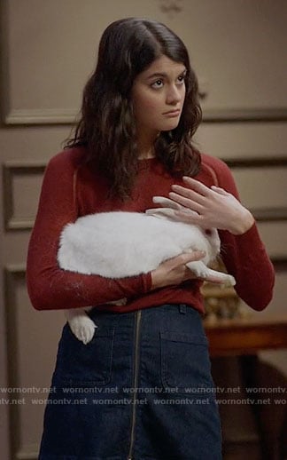 Sabrina’s red sweater and denim zip-front skirt on The Mick