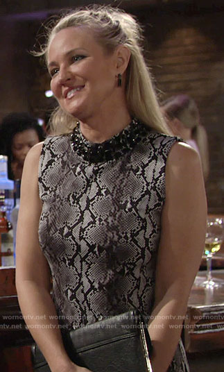 Sharon’s grey snake print dress with beaded neck on The Young and the Restless
