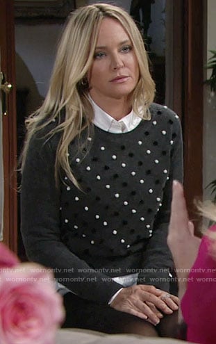 Sharon’s grey pom pom sweater on the Young and the Restless
