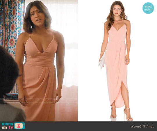 Shona Joy Cocktial Draped Dress in Dusty Pink worn by Jane Villanueva (Gina Rodriguez) on Jane the Virgin