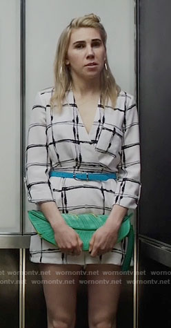 Shoshanna’s white checked romper and leaf clutch on Girls