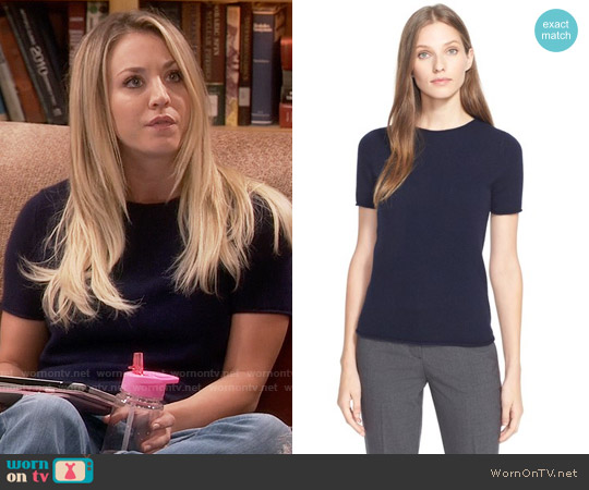 Theory Tolleree Short Sleeve Cashmere Pullover in Deep Navy worn by Penny Hofstadter (Kaley Cuoco) on The Big Bang Theory