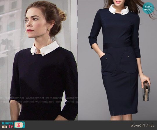Victoria by Victoria Beckham Navy Collared Dress worn by Victoria Newman (Amelia Heinle) on The Young and the Restless