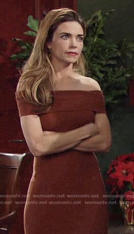 Victoria’s orange ribbed off-shoulder dress on The Young and the Restless
