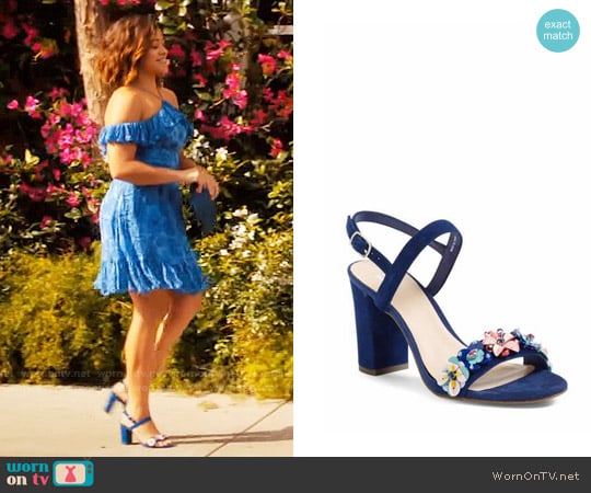 BP Lula Block Heel Slingback Sandal in Blue Floral Suede worn by Jane Villanueva (Gina Rodriguez) on Jane the Virgin