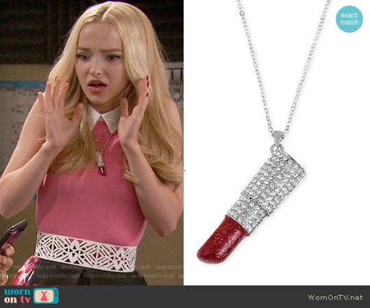 Betsey Johnson Rhodium-Plated Glitter Lipstick Pendant Necklace worn by Liv Rooney (Dove Cameron) on Liv and Maddie