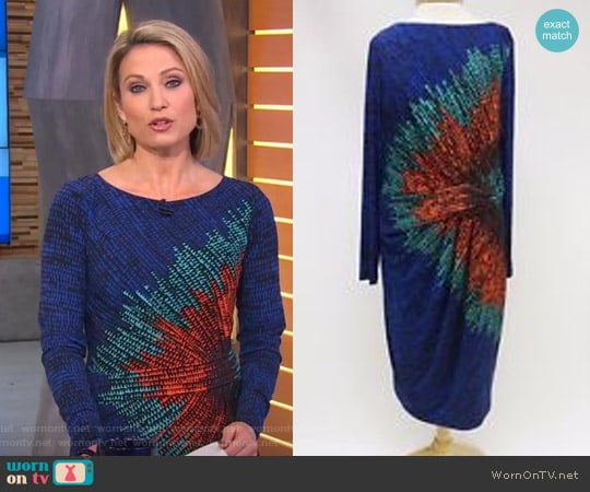 David Meister Blue Multi Print Pleated Detail Sheath Dress worn by Amy Robach on Good Morning America