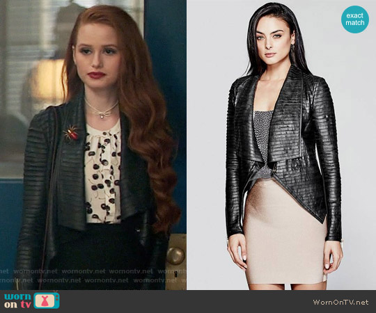 Guess Shayna Drape Leather Jacket worn by Cheryl Blossom (Madelaine Petsch) on Riverdale