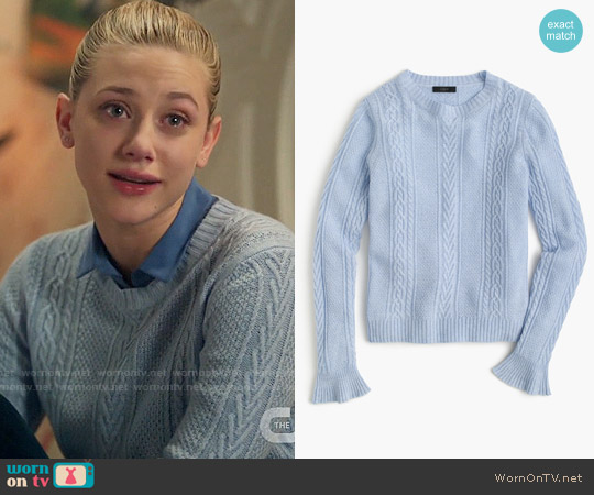 J.Crew Cable crewneck sweater with ruffle sleeves in hthr peri worn by Betty Cooper (Lili Reinhart) on Riverdale