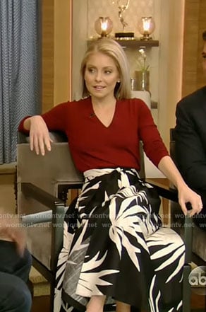 Kelly’s v neck sweater and palm print skirt on Live with Kelly