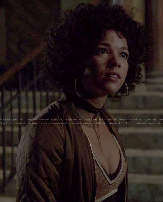 Maia’s brown bomber jacket and v neck sweater on Shadowhunters