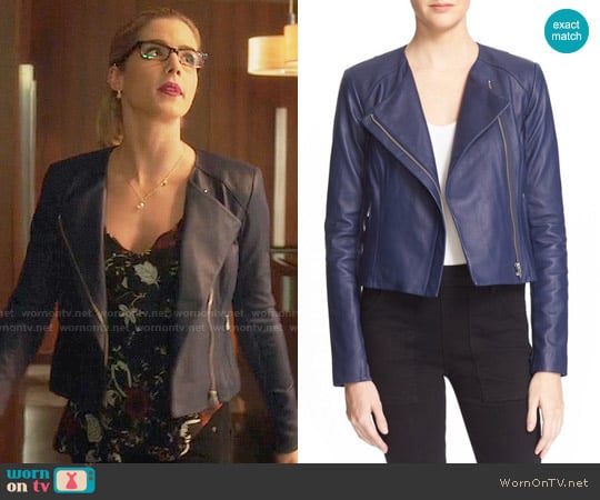 Veda Dali Leather Jacket in Lapis worn by Felicity Smoak (Emily Bett Rickards) on Arrow