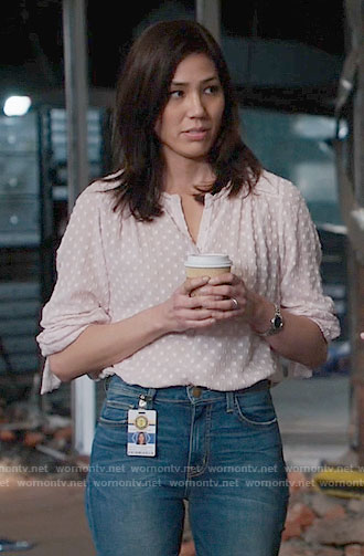 Angela’s pink dotted blouse on Bones