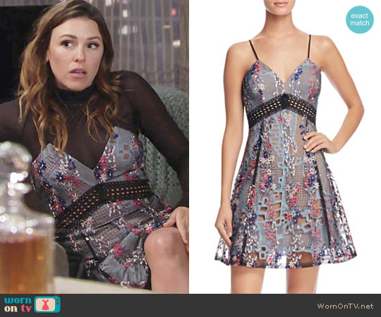 Aqua Embroidered Mesh Lace Cami Dress worn by Chloe Mitchell (Elizabeth Hendrickson) on The Young and the Restless