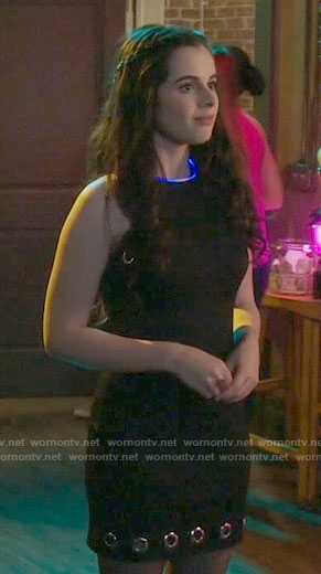 Bay’s black grommet trim dress on Switched at Birth