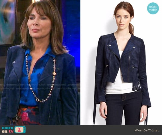 Bcbgmaxazria Faux Suede Fringe-Trim Moto Jacket worn by Kate Roberts (Lauren Koslow) on Days of our Lives