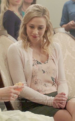 Betty’s pink floral top and cardigan on Riverdale