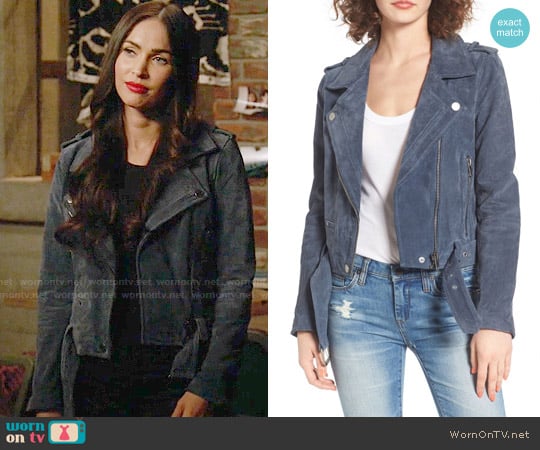 BlankNYC Morning Suede Moto Jacket in Slate Blue worn by Reagan (Megan Fox) on New Girl